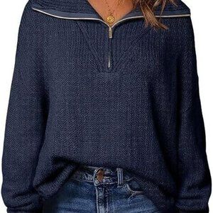 Women's Casual 1/4 Zip knit Pullover Polo sweater, V Neck Long Blue, size Large